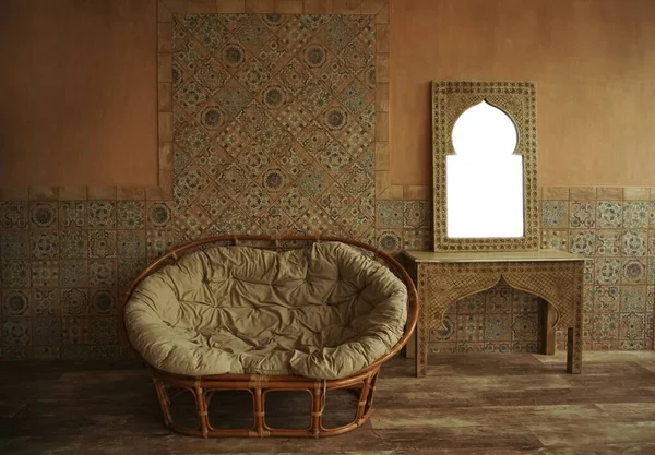 Ασιατικό Εσωτερικό Στυλ Καναπές Ξύλινο Τραπέζι Μοντέρνος Καναπές Antique Mirror — Φωτογραφία Αρχείου