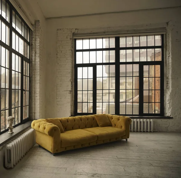 Interior Modern House Yellow Sofa Two Huge Windows — Stock Photo, Image