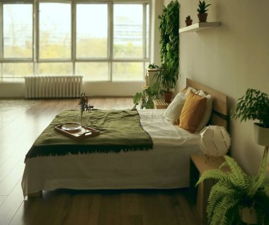 Büyük boy yatak, beyaz ve yeşil yatak, büyük pencere ve parlak bir otel odasının içinde duvarda bir resim. yeşil bitkiler yatağın etrafında.