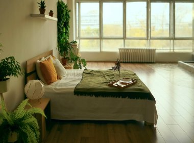 Büyük boy yatak, beyaz ve yeşil yatak, büyük pencere ve parlak bir otel odasının içinde duvarda bir resim. yeşil bitkiler yatağın etrafında.