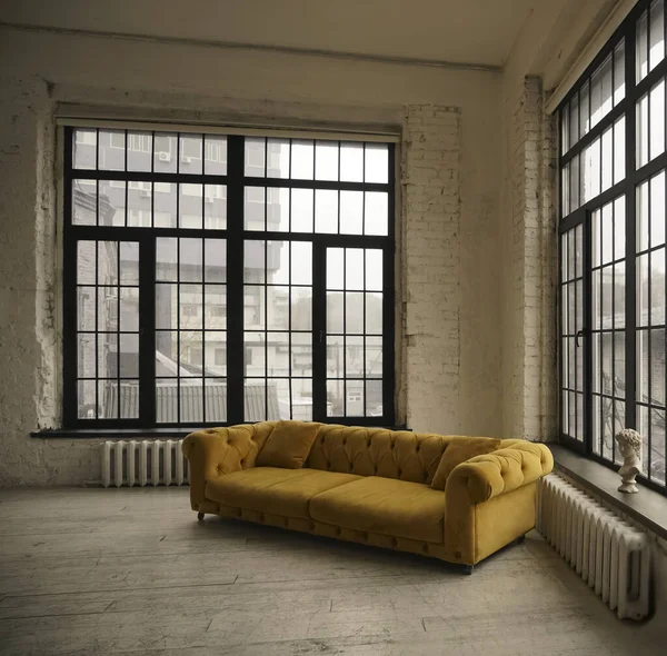 Interior Rumah Modern Dengan Sofa Kuning Dan Dua Jendela Besar — Stok Foto
