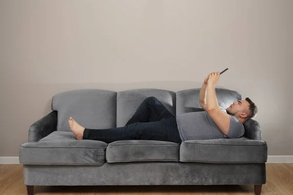 Middle Aged Man Looking Screen Cell Smartphone Relax Couch — Stock Photo, Image