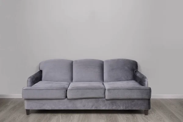 Interior Blue Color Coach Empty Textile Sofa Gray Wall Yellow — Stock Photo, Image