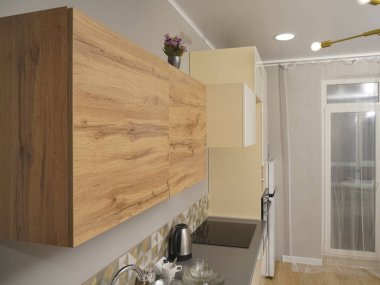 Modern ve şık bir stüdyo daire, işlevsel mutfağı olan beyaz bir daire. Ahşap dolaplar..