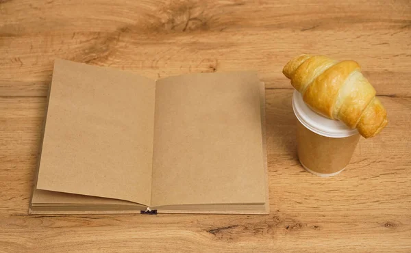 Morning Cup Coffee Croissant Breakfast Day Planning Empty Notebook Wooden — Stock Photo, Image