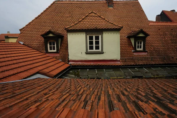 Brown Old Roof Green Moss Roofing Tiles European House Vintage — Stock Photo, Image