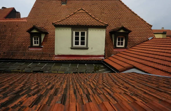 Vieux Toit Brun Avec Mousse Verte Tuiles Toiture Maison Européenne — Photo