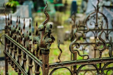 Eski paslı metal çitler, bokeh, gotik arka plan. Mezarlık, korku. Vilnius, Litvanya