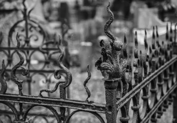 Vecchio Recinto Metallo Arrugginito Bokeh Sfondo Gotico Cimitero Paura Vilnius — Foto Stock