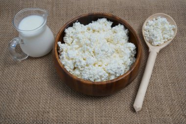 Yuvarlak ahşap tabak ve kaşıkla süzme peynir. Çuval bezi kumaşında izole edilmiş. Yazı için boş kopyalama alanı. dolu süt kavanozu