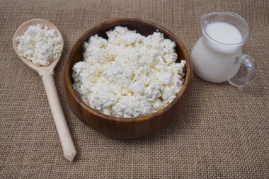 Yuvarlak ahşap tabak ve kaşıkla süzme peynir. Çuval bezi kumaşında izole edilmiş. Yazı için boş kopyalama alanı. dolu süt kavanozu
