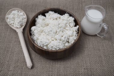 Yuvarlak ahşap tabak ve kaşıkla süzme peynir. Çuval bezi kumaşında izole edilmiş. Yazı için boş kopyalama alanı. dolu süt kavanozu