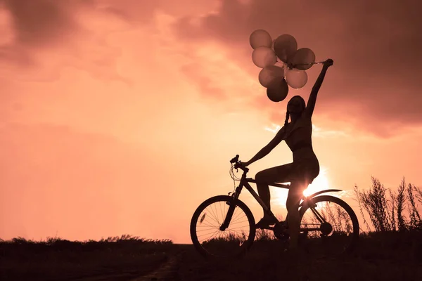 Young Girl Sexy Dress Riding Bicycle Flying Air Balloons — Stock Photo, Image