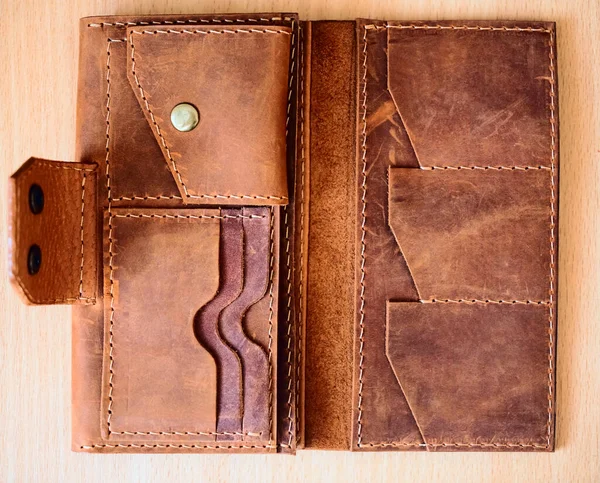 Opened Brown Leather Men Wallet Wooden Table Background — Stock Photo, Image