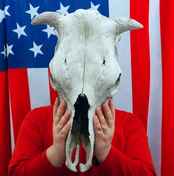 Een Man Met Een Koeienschedel Voor Zijn Hoofd Amerikaanse Vlag — Stockfoto