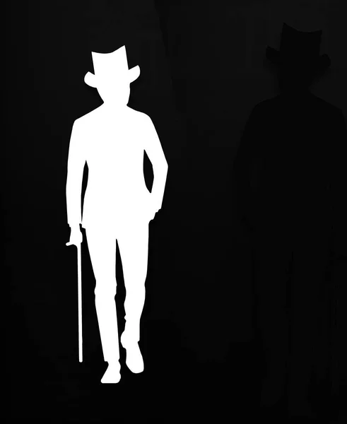ボウラーの帽子と杖を持つ上品な紳士 黒い背景に隔離されてる 杖を持ってスーツを着た男のシルエット — ストック写真