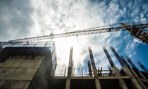 Grúa Refuerzo Obra Elementos Construcción Edificios Fondo Gran Altura —  Fotos de Stock