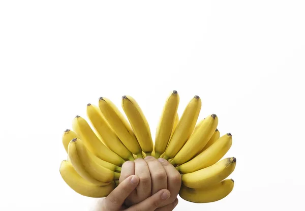 Bunch Mini Bananas Male Hands Image Exotic Fruits Isolated White — Stock Photo, Image