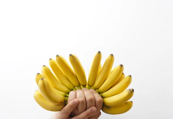 Montón Mini Plátanos Manos Masculinas Imagen Frutas Exóticas Aisladas Sobre — Foto de Stock
