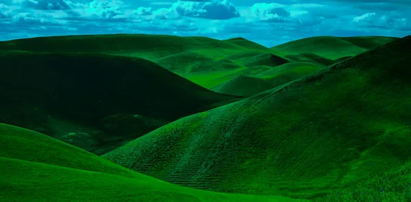 山の牧草地 丘の多くの端 青空にふわふわの雲が広がる素晴らしい夏の風景 草の間の野生のハーブ 尾根の距離に転がり込む ロシアのオレンブルク地方 — ストック写真