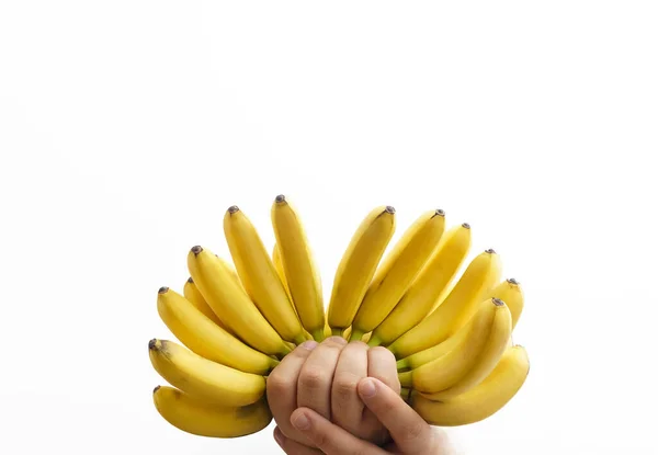 Monte Mini Bananas Mãos Masculinas Imagem Frutas Exóticas Isoladas Fundo — Fotografia de Stock