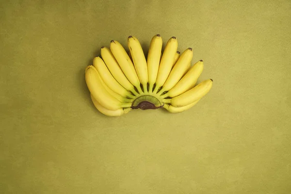 Butch of yellow small bananas isolated on green background.  empty copy space for inscription.