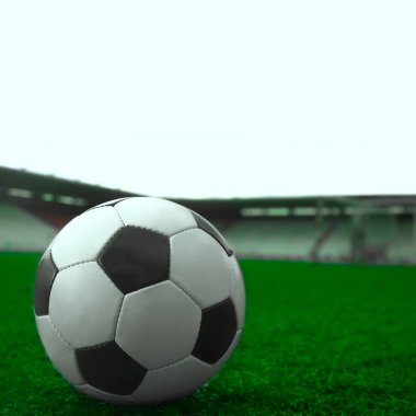 Yeşil çimlerde ve stadyum arka planında beyaz ve siyah futbol topu. Spor bahisleri