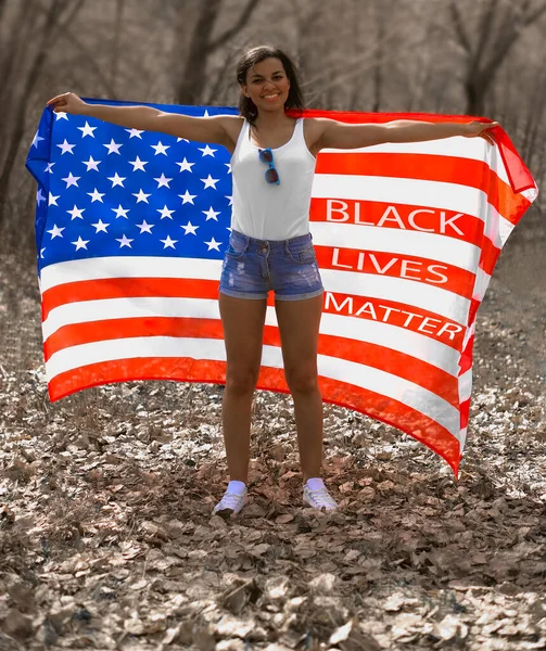 African American Woman Standing American Flag Hands Black Lives Matter — Stock Photo, Image