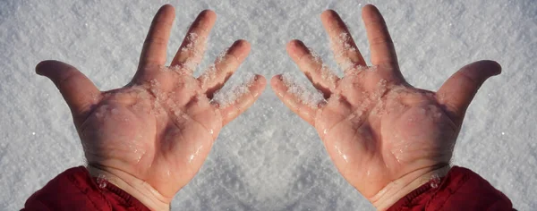 Männliche Hand Hält Schnee Der Hand Schmelzender Schnee Auf Palmen — Stockfoto