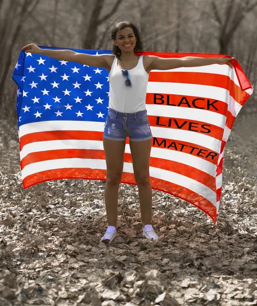 African American Woman Standing American Flag Hands Black Lives Matter — Stock Photo, Image