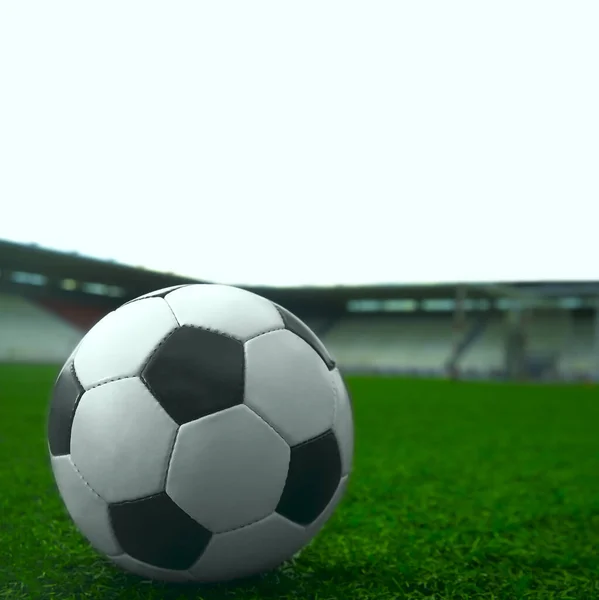 Witte Zwarte Voetbal Bal Groen Gras Stadion Achtergrond Sportweddenschappen Idee — Stockfoto