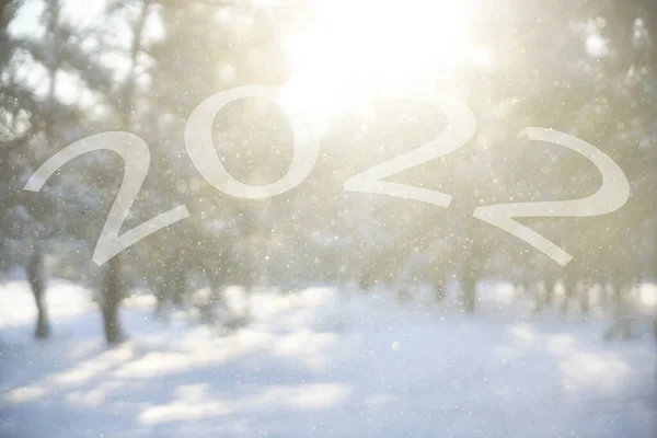 2022 Gelukkig Nieuwjaar Wazig Beeld Sneeuwval Direct Zonlicht Sneeuwvlokken Als — Stockfoto
