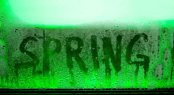 Raindrops Glass Morning Rain Spring Inscription — Stock Photo, Image