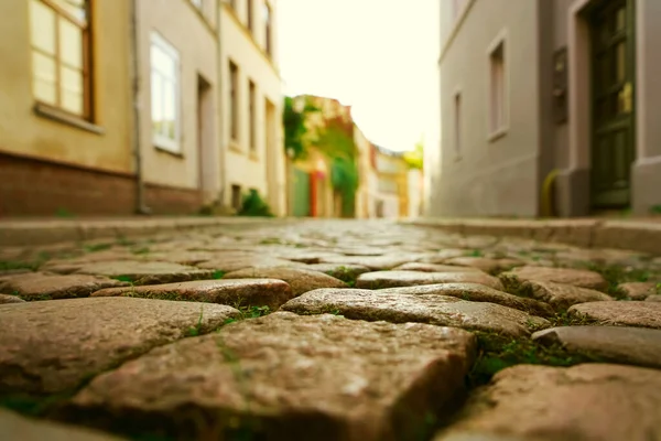 Città Vecchia Europa Tramonto Con Ciottoli Vintage Retrò Pavimentazione Ciottoli — Foto Stock