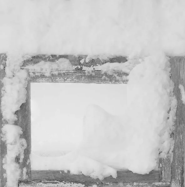 Dřevěný Zamrzlý Rám Okna Veselé Vánoce Nebo Šťastný Nový Rok — Stock fotografie