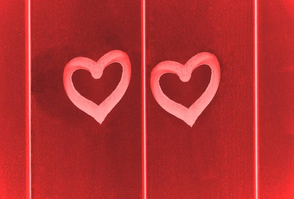 Dos Corazones Pintados Pared Madera Feliz Día San Valentín — Foto de Stock