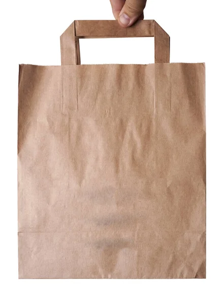 Brown Craft Paper Bag Eco Products Male Hand Isolated White — Stock Photo, Image