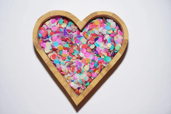 Colorful Paper Confetti Lie Heart Shaped Box Isolated — Stock Photo, Image