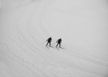 Kros kayağı: bir kış günü kayak yapan iki adam. en üstteki resim.