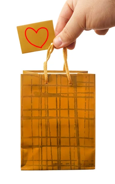 Mano Masculina Sosteniendo Bolsa Regalo Oro Paquete Papel Vacío Sostener — Foto de Stock