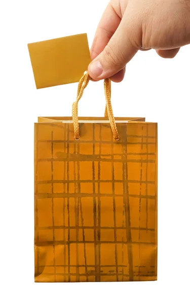 Leere Goldene Geschenktüten Attrappe Der Hand Leere Papierverpackungsattrappen Halten Isoliert — Stockfoto
