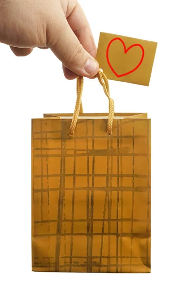 Leere Goldene Geschenktüten Attrappe Der Hand Leere Papierverpackungsattrappen Halten Isoliert — Stockfoto