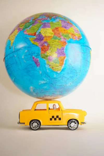 Globe Roof Yellow Taxi Car Plastic Toy Model Isolated White — Stock Photo, Image