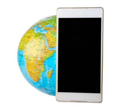 Dünya izole edilmiş boş ekranlı beyaz cep telefonu 