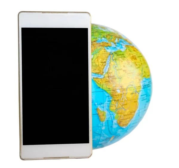 White Mobile Phone Empty Screen Globe Isolated — Stock Photo, Image