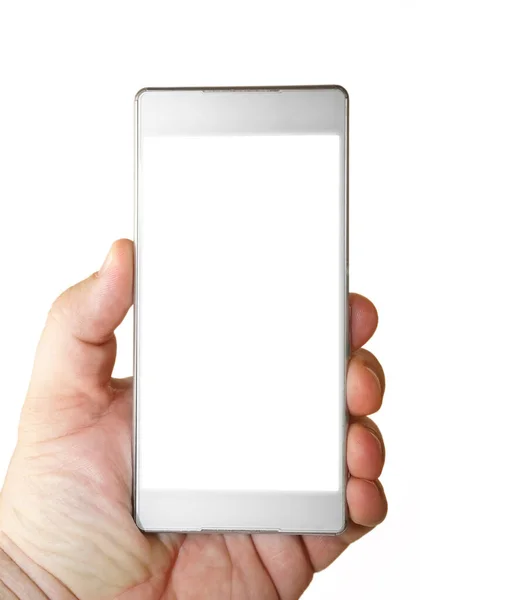 Man Hand Houden Zwarte Smartphone Geïsoleerd Witte Achtergrond Clipping Pad — Stockfoto