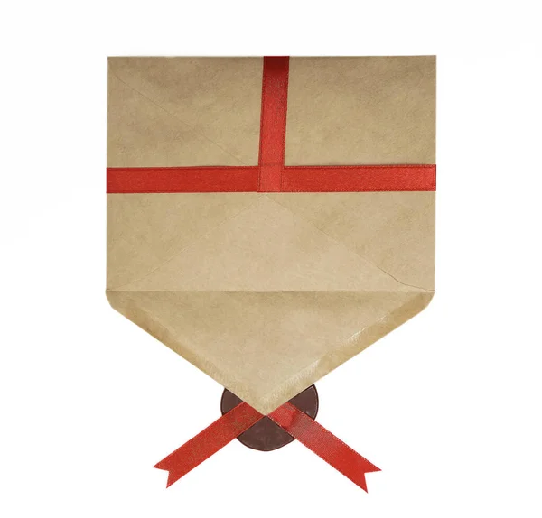 Ouvert Enveloppe Avec Sceau Cire Ruban Rouge Invitation Mariage Papier — Photo