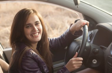 Arabada oturan kadın. Güneşli bir gün. Gülen surat..