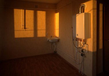 Boş, güneşli bir mutfak. Evinde lavabo ve ısıtıcı var. güneş ışığı.