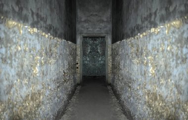 Terk edilmiş evde uzun bir koridor, hasarlı duvarlar ve kapılar, çatlak boyalar. Terk edilmiş otelin eski koridoru, yıkılmış bina. Kimse..